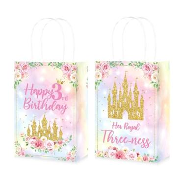 Imagem de 16 peças de lembrancinhas de presente de aniversário de 3 anos de princesa Rainbow Castle Goodie Bags com alças