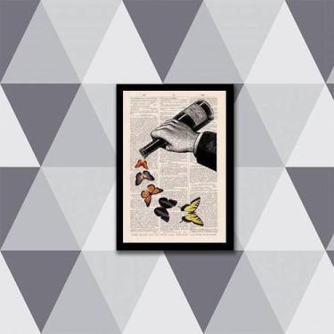Imagem de Quadro Garrafa De Vinho Com Borboletas 24X18Cm - Quadros On-Line