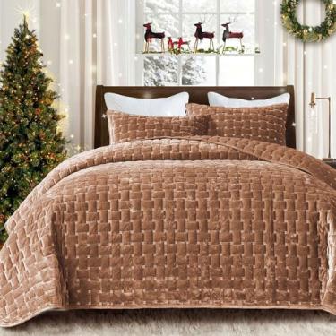 Imagem de Grassix Colcha de veludo king size – Conjunto de colcha de luxo aconchegante laranja queimado, edredom leve de veludo macio, colchas geométricas com 2 fronhas para todas as estações