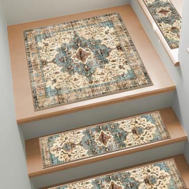 Imagem de Escadas antiderrapantes para degraus de madeira, 1 peça de tapete de escada com adesivo traseiro, 76 cm x 76 cm, lavável e reutilizável, tapetes de segurança para crianças, idosos e cães