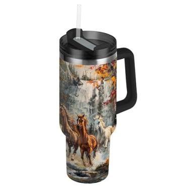 Imagem de SEHANY Copo Majestic Horse de 850 g com tampa e canudo, aço inoxidável de vácuo duplo isolado garrafa de água esportiva suporte de copo de café de viagem à prova de vazamento para bebida gelada