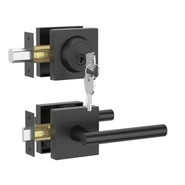 Imagem de Asidrama Conjunto de fechadura de porta dianteira preta resistente: fechadura de cilindro duplo, maçaneta de segurança de liga de zinco para portas externas esquerda/direita, fechaduras de entrada