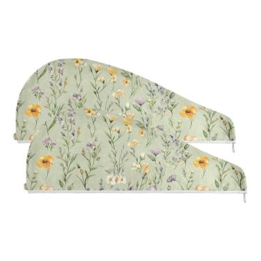 Imagem de SEHANY Toalha de cabelo de microfibra elegante flores verdes para mulheres 2 peças turbantes de cabelo de secagem rápida com botão, touca de cabelo seco absorvente toalha de secagem de cabelo para