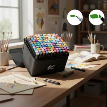 Imagem de Conjunto De Canetinhas Coloridas Tipo Marcador Permanente Com Duas Pontas Ideal Para Desenho Profissional Escolar E Ilustração Acompanha Estojo Organizador (100 Cores)