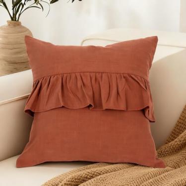 Imagem de Capa de almofada enferrujada 45 x 45 cm, capa de almofada de linho natural com babados, decoração de casa de fazenda para sofá ao ar livre e quarto