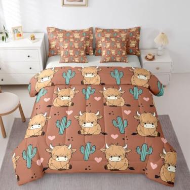 Imagem de Conjunto de edredom Queen Highland Cow Bed in a Bag, 7 peças, cacto marrom, botânica, casa de fazenda, animais selvagens, vintage, retrô, decoração de quarto, estética