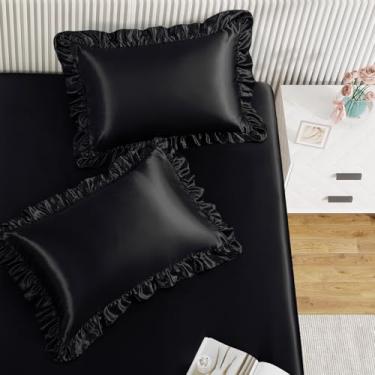 Imagem de Homiest Jogo de lençol com elástico de 2 peças de fronhas com babados e cetim, preto de cetim duplo com babados, bolso profundo de 38 cm, jogo de cama fofo e coquete de seda para decoração de quarto