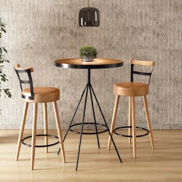 Imagem de Conjunto Mesa Alta Bistrô com 2 Banquetas, 98cm, Madeira e Metal, Preto e Natural, para Sala/Bar/Área Gourmet (AMARULA)