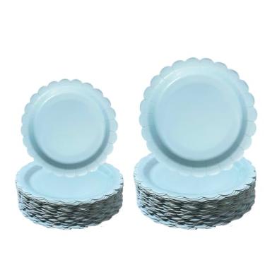 Imagem de 100 peças de pratos de papel recortado, pratos de papel azul claro de 17 e 23 cm, prato de sobremesa descartável resistente premium para casamento, dia dos namorados, aniversário, chás de bebê, festas