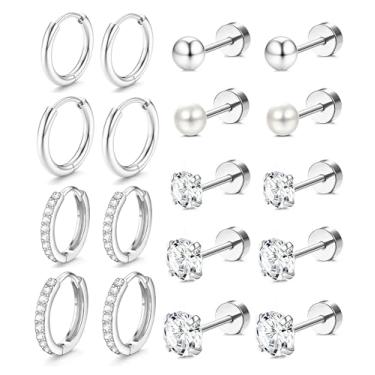 Imagem de Incaton Brincos hipoalergênicos com costas planas para cartilagem, brincos de aço inoxidável cirúrgico para orelhas sensíveis, pequenos conjuntos de brincos de argola plana para Helix Tragus, joias de