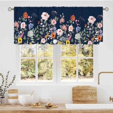 Imagem de Cortina floral para janela, casa de fazenda rústica primavera selvagem flor floral colorida aquarela flor country cortinas curtas para cozinha, café, sala de estar, quarto, armário, banheiro, 137 x 45