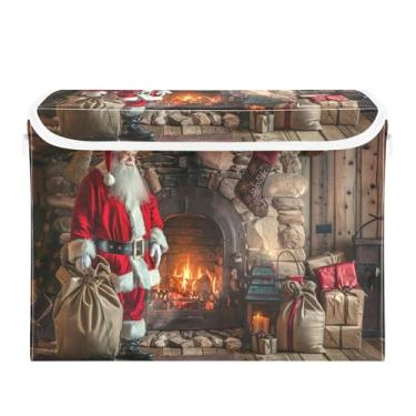 Imagem de SEHANY Linda caixa de armazenamento de Papai Noel de Natal com tampas e alças, organizador de cestas de armazenamento de tecido dobrável, caixas de armazenamento de cubos grandes para roupas, cobertor