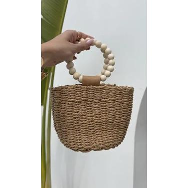 Imagem de Bolsa de Palha Artesanal Feminina com Alça de Contas Redonda – Fibra Natural Trançada, Leve e Estilosa para Dia a Dia, Praia e Passeios (Palha Natural)