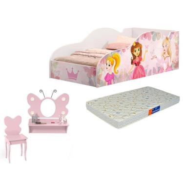 Imagem de Cama Infantil Meninas com Penteadeira Camarim Borboleta e Colchão Rosa