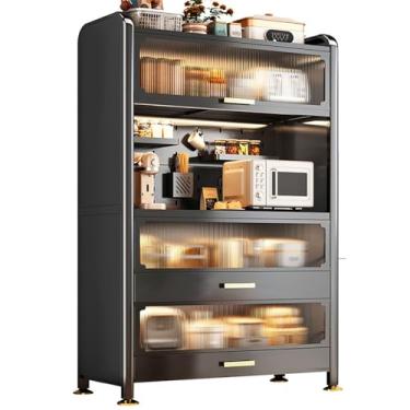 Imagem de Pegboard de armazenamento de parede e suporte de micro-ondas, rack de cozinha de 4/5 níveis com armário de porta dupla dobrável, prateleiras de metal e acessórios para espaço de cozinha organizado