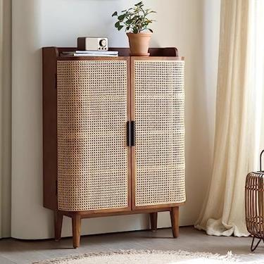 Imagem de Armário de sapatos de vime de 5 camadas com portas independente de madeira organizador de armazenamento de sapatos respirável para entrada, corredor, armário, sala de estar, 84 cm C x 36 cm L x 118 cm