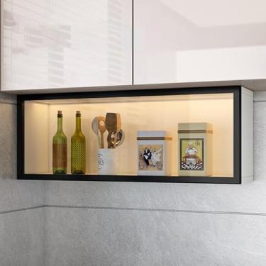 Imagem de Armário de exibição de vidro montado na parede - Armazenamento de despensa cinza/branco com portas, luz LED, instalação sem perfuração para cozinha e sala de jantar, prateleiras de banheiro elegantes