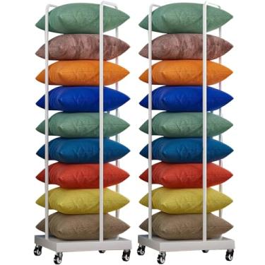 Imagem de Carrinho de armazenamento de travesseiro de metal móvel - Rack organizador de almofada quadrada com rodas giratórias para varejo, hotel e casa - Conjunto de 2 com economia de espaço (branco)