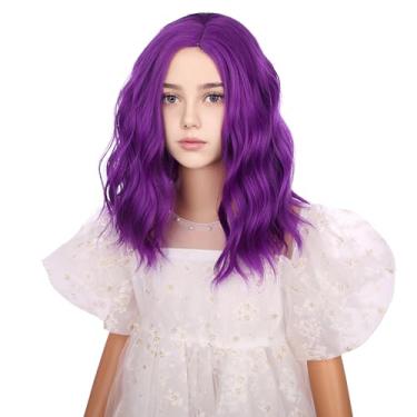 Imagem de DUDUWIG Peruca infantil roxa escura para meninas, curta, roxa, parte lateral, peruca infantil, roxo escuro, ondulado, encaracolado, para festa de fantasia, cosplay, perucas sintéticas, tela de cabelo