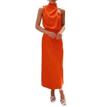 Imagem de Vestido PRETTYGARDEN de Cetim Sem Mangas Gola Alta Laranja P