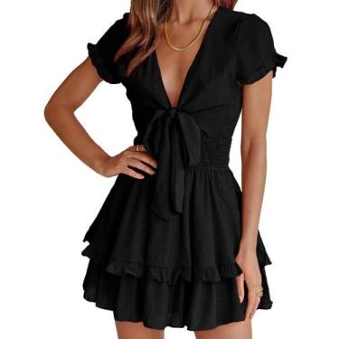 Imagem de Vestido PRETTYGARDEN 2025 Preto com Laço Decote V Mini XXL