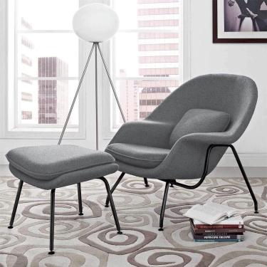 Imagem de Poltrona Womb Chair Com Puff Base Preta Linho Cinza