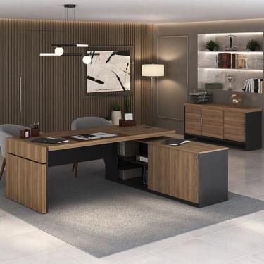 Imagem de Kit 2 Peças com Mesa para Escritório Diretor em L em Tamburato e Armário Multiuso Baixo Nogal/Preto