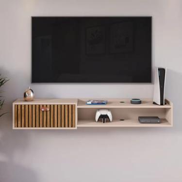 Imagem de Aparador Suspenso Com Porta Rack Penteadeira Multiuso Organizador Para Parede Sala Quarto Cozinha Salão Closet Cantinho do Café (Fend/Ripado 150 cm)