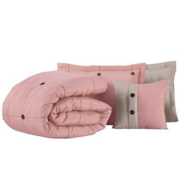 Imagem de Kit Cobre Leito Colcha Button Queen 200 Fios Bordado 7 Peças - Rosê - 