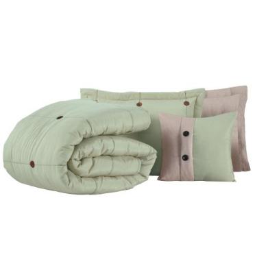 Imagem de Kit Cobre Leito Colcha Button Queen 200 Fios Bordado 7 Peças - Verde -