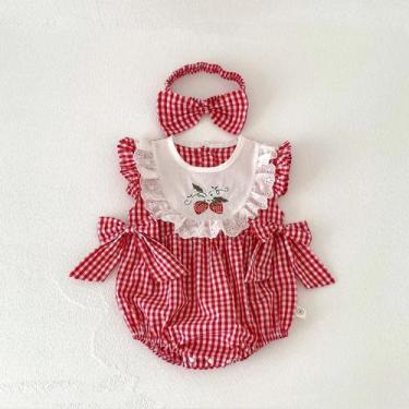Imagem de Macacão Vermelho de Morango Bordado para Bebês - Verão - Com Bandana, 