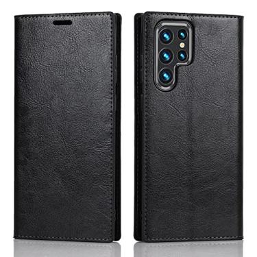 Imagem de Capa tipo carteira para Samsung Galaxy S22 Plus, capa de couro legítimo fólio compartimentos para cartão fecho magnético TPU Kickstand estilo livro flip capa para celular, preta