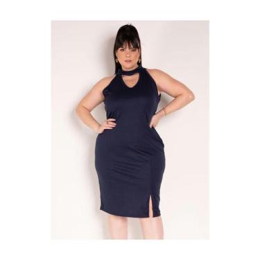 Imagem de Vestido Midi Plus Size Marguerite Azul Gola Alta E Fenda - Luxcurves