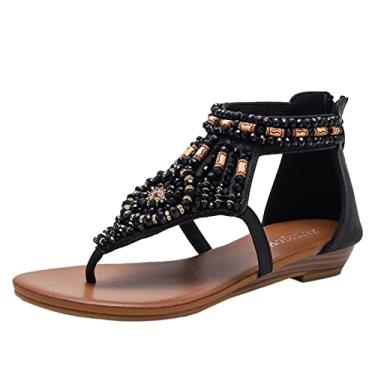 Imagem de Sandálias femininas de plataforma estilo ético decoração de contas sapatos femininos sandálias plataformas casuais romanas sandálias femininas sapatos da moda (preto, 8,50)
