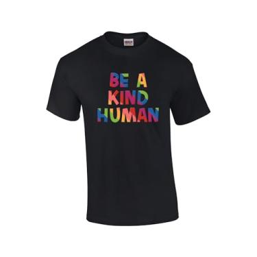 Imagem de Camiseta unissex Be A Kind Human Positive Vibes LGBTQ+ Rainbow Love is Love Support manga curta unissex, Preto, 6G