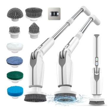 Imagem de Esfregão giratório elétrico Leebein, esfregador 2024 com 4 ângulos ajustáveis e 8 cabeças de escova, cabo longo e controle remoto, escova de limpeza para chuveiro, banheiro, banheira, chão (branco)