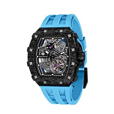 Imagem de TSAR BOMBA Relógio masculino automático Tonneau de luxo esqueleto para homens, 50 m, à prova d'água, analógico, Wrok, relógio de pulso exclusivo, prata, quadrado, grande, pulseira de silicone, Azul