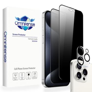 Imagem de Omnifense Protetor de tela de vidro de privacidade de 4 vias 360° para iPhone 15 Pro Max [2 unidades] + protetor de lente de câmera [1 unidade], película de vidro temperado anti-espião horizontal e