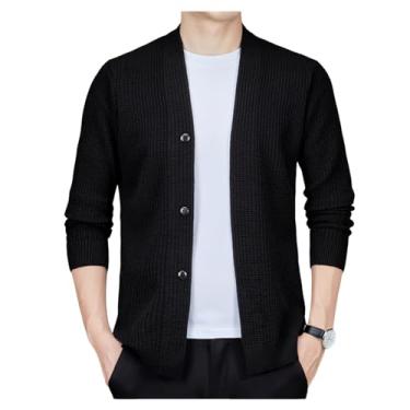 Imagem de Suéter masculino de malha de botão de cor sólida cardigã leve manga longa casual, Preto, XXG