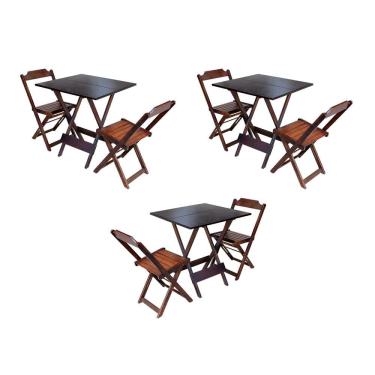 Imagem de Kit 3 Conjuntos de Mesa Dobravel com 2 Cadeiras de Madeira 70x70 para Restaurante e Bar - Imbuia