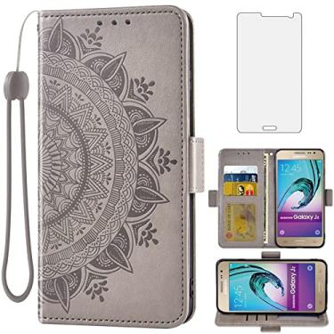 Imagem de Asuwish Capa de telefone para Samsung Galaxy J2 2015 capa carteira de vidro temperado protetor de tela suporte de cartão de crédito bolsa flip alça de pulso suporte acessórios para celular 2J Duos