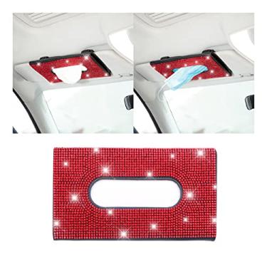 Imagem de BLAU GRUN Bling Car Sun Viseira Porta-lenços para carro, Strass, Couro PU Cristal, Suporte de Guardanapo Brilhante, Capa de Papel Toalha para Assento Traseiro, Acessórios de Carro para Mulheres (Vermelho)