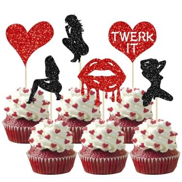 Imagem de Gyufise Pacote com 24 topos de cupcake para Dia dos Namorados Glitter despedida de solteira Twerk Heart Batom Cupcake Food Fruit Picks despedida de solteira Galentines festa decoração de bolos