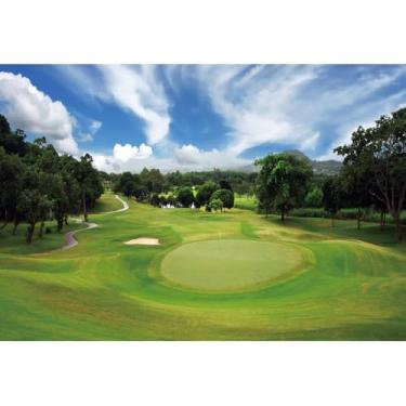 Imagem de DORCEV Fundo de campo de golfe de 3 x 2,4 m para fotografia, grama verde, primavera, cenário natural, tema de golfe, decoração de banquete, céu azul, nuvens brancas, esportes, artigos de festa de