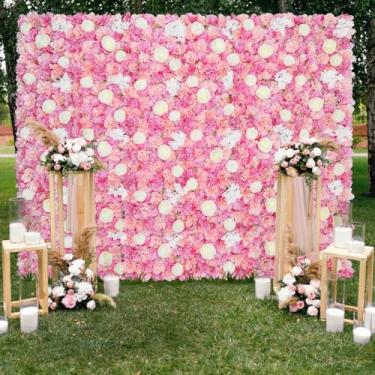 Imagem de LJIE-House Painéis de fundo de parede de flores rosa branco 1,5 m x 1,1 m pano de fundo de casamento rosa artificial 3D para chá de bebê, festa de aniversário, decoração de fotos de palco