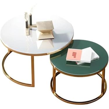 Imagem de Mesa de centro moderna para sala de estar Conjunto de mesa de centro de 2 extremidades com estrutura de metal, mesas aninhadas Chassi de processo PVD de titânio de vidro temperado de cor de