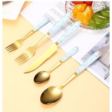 Imagem de Conjunto de 50 peças de garfos e colheres com alça de cerâmica, conjunto de talheres verdes para 10 talheres de aço inoxidável, conjunto de utensílios coloridos, colheres, garfos, facas para casa,