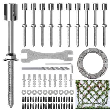 Imagem de RiaYer Treliça de Arame para Plantas Trepadeiras Ao Ar Livre, 10 Conjuntos de Kit de Treliça de Arame de Parede com Cabo de Aço de 53 Pés X 1/8", Sistema de Treliça de Cabo de Aço Inoxidável T316 Espa