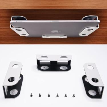 Imagem de BYMECOST Suporte de armazenamento de laptop embaixo da mesa, suporte de metal para dispositivos de até 3,5 cm de espessura, MacBook, mini, teclado, roteador, com silicone antiarranhões (branco)