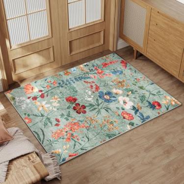 Imagem de PureCozy Tapete de área verde 2x3 boho tapete de entrada floral interno lavável tapete de cozinha antiderrapante tapete de quarto tapete leve tapete de porta baixo tapete de acento para sala de estar,